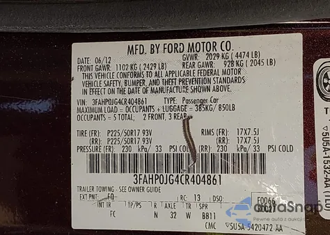 2012 Ford Fusion Sel z USA, uszkodzony, nr VIN 3FAHP0JG4CR404861